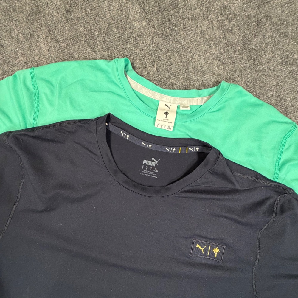 Puma 2 pk. Palm Tree Crew Mens L Golf T-Shirt Navy Mint Green 0782